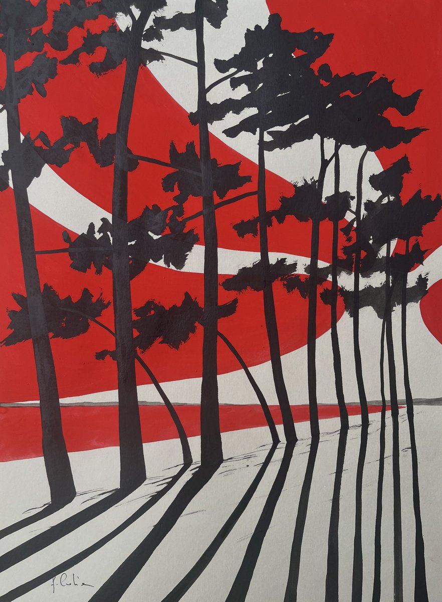 Illustrative Landscape Painting By Cadiou Frederic, 13 X 17, Red Sun At Cap Coz, Original Artwork