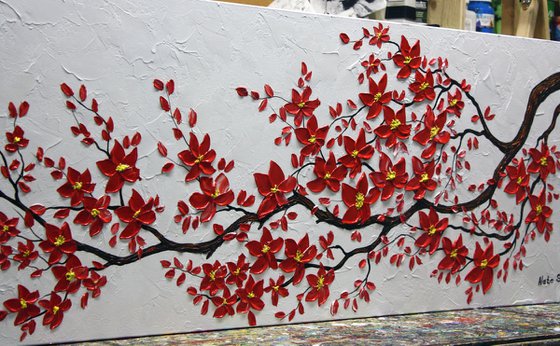 Original Red Cherry Blossom Painting, Abstract Blossom Tree Art, Impasto Floral Art