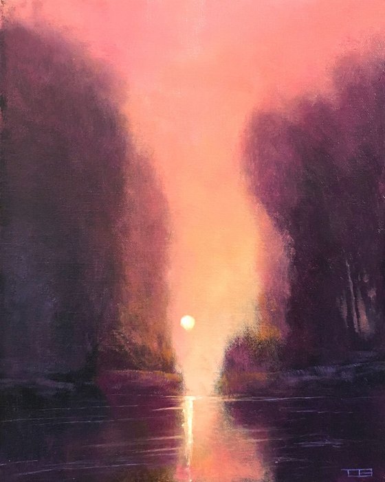 Pink Sunset Reflections impressionist sunset landscape