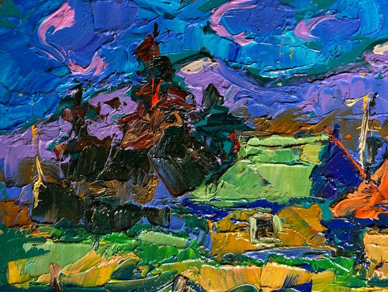 Village and blue mountains