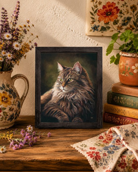 Majestic Maine Coon cat with green eyes