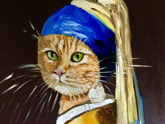 Cat with the pearl earring inspired by Vermeer painting modern home wall decor palette knife urban art feline art for cat lovers gift idea