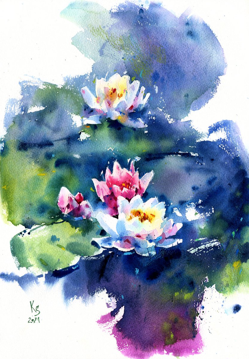 Original watercolor painting Lotus flowers on the surface of the lake by Ksenia Selianko