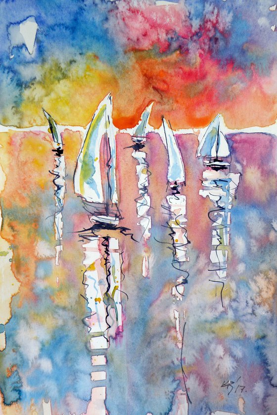 Five sailboats