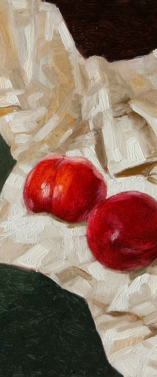modern still life peaches in drapery by Olivier Payeur