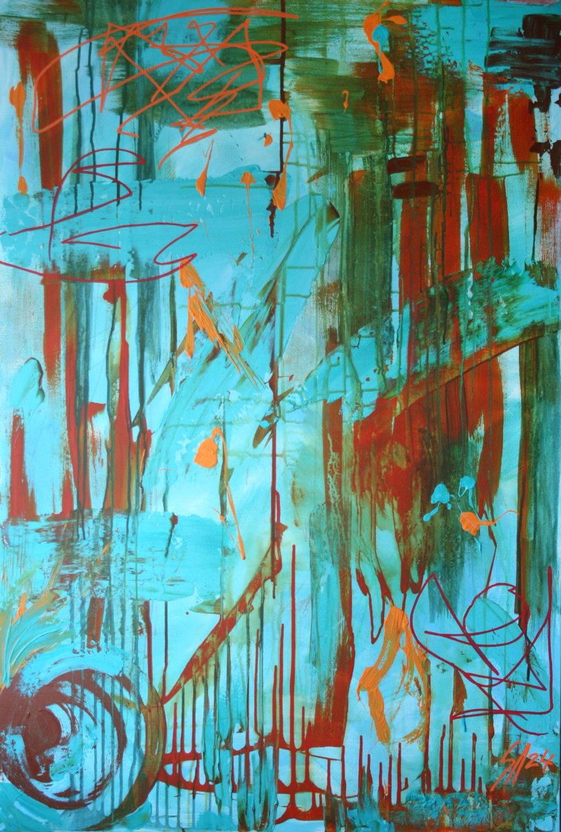 Expressive Abstract Acrylic Painting By Salana Art / Svetlana Samovarova, 31 X 47", Falling Upwards, Original Artwork