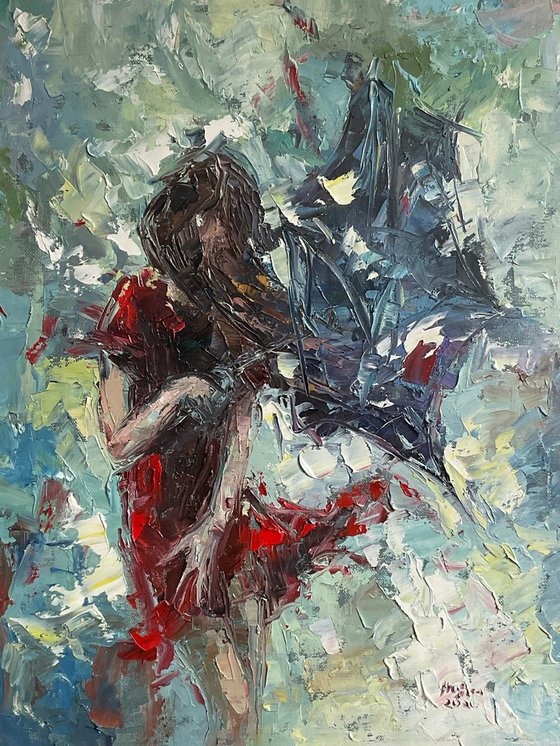 Red dress. Rainy day