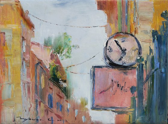 Old italian streets Cityscape with clock Roman series.  Original plein air oil painting .