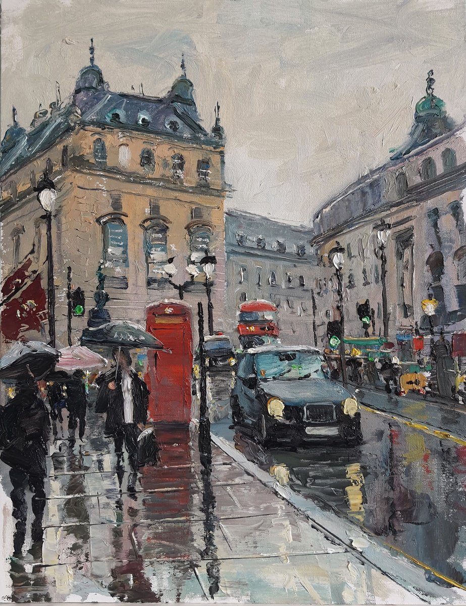 Impressionistic Cityscapes Oil Painting By Roberto Ponte, 14 X 18", London Piccadilly, Original Artwork