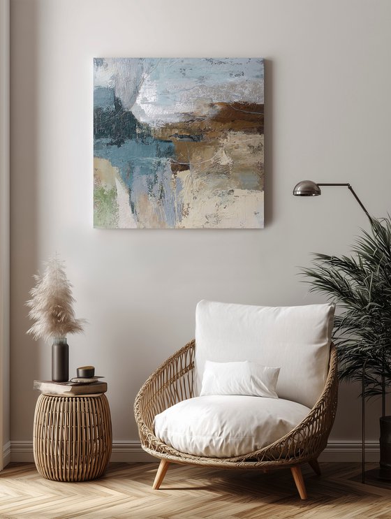 "Fall 6" Abstract blue brown silver art