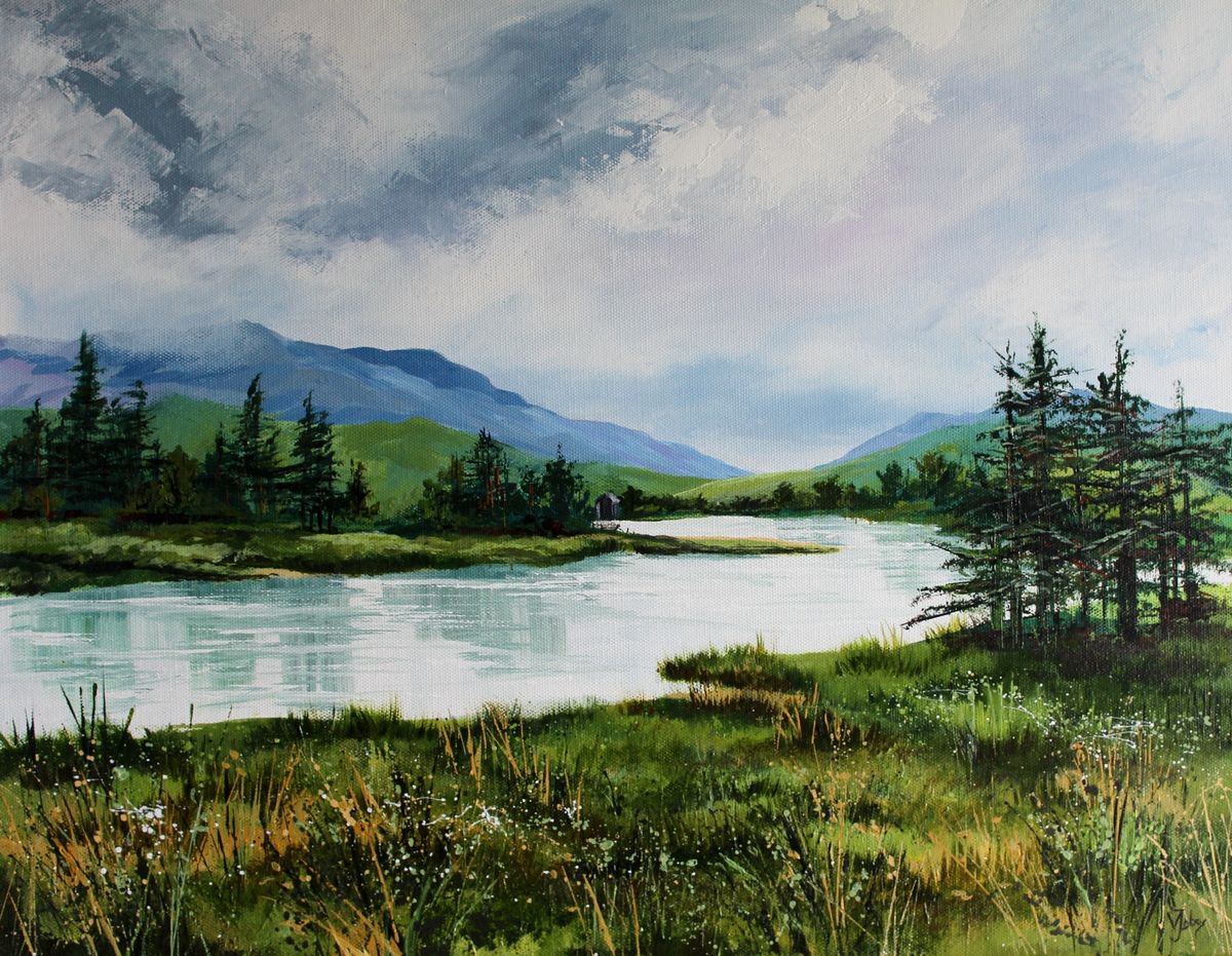 Impressionistic Landscape Acrylic Painting By Valerie Jobes, 20 X 16", Cumbrian Tarn, Original Artwork