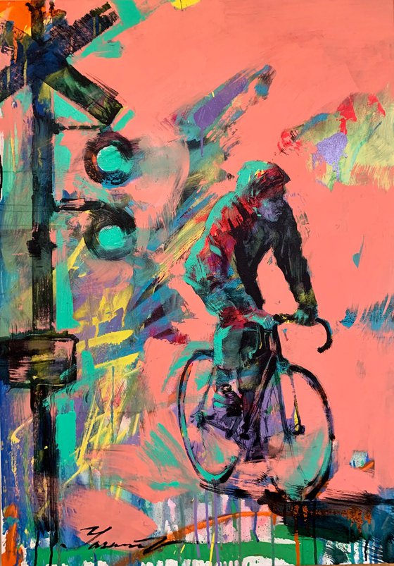 Bright painting - "City cyclist" - Urban Art - Pop Art - Bicycle - Street Art - Pink&Green - City - Street scene