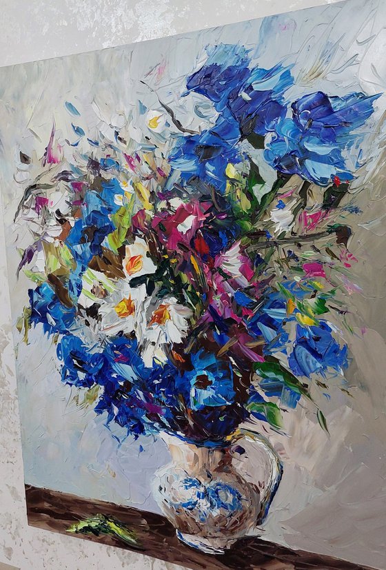 Field flowers (70x90cm, oil painting, palette knife)