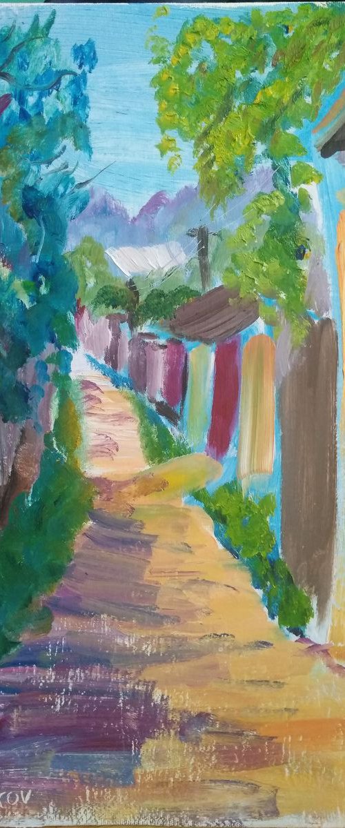 Sunny Street in the Village Plein Air Oil Painting by Dmitry Fedorov