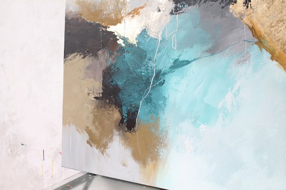 "Blue Rime" Abstract teal gray gold art