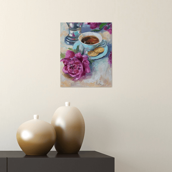 Teacup, Pionies, cookies .Still life.