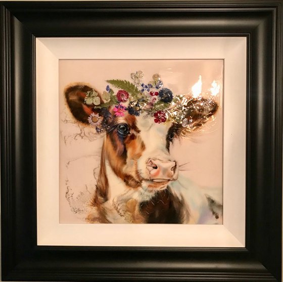 Tatiana, Red and White Holstein calf (cow) original oil painting, flowers, resin, 3D 14x14" Unframed