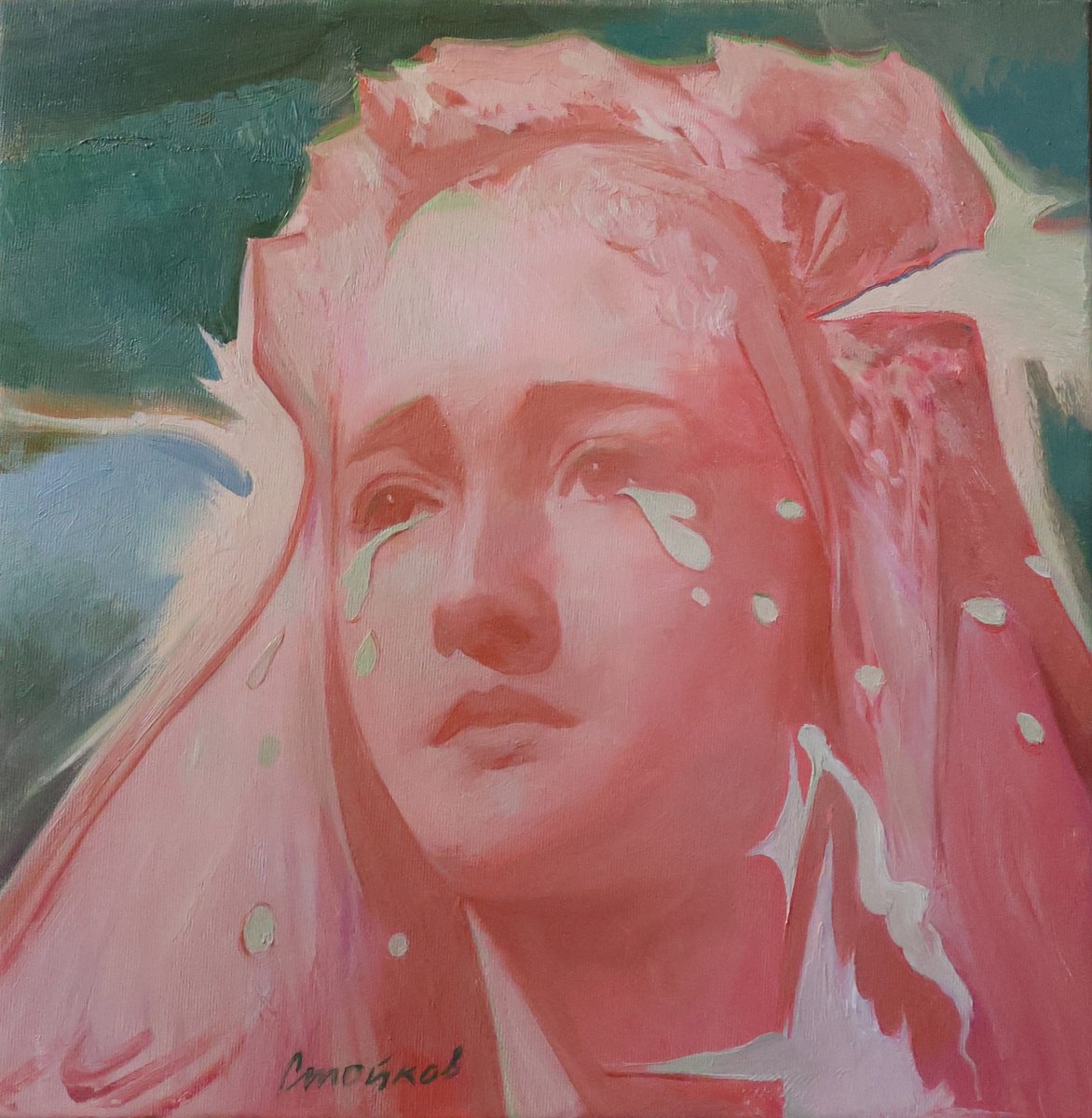 Expressive Portrait Oil Painting By Stefan Stoikov, 12 X 12", Pink Mary, Original Artwork