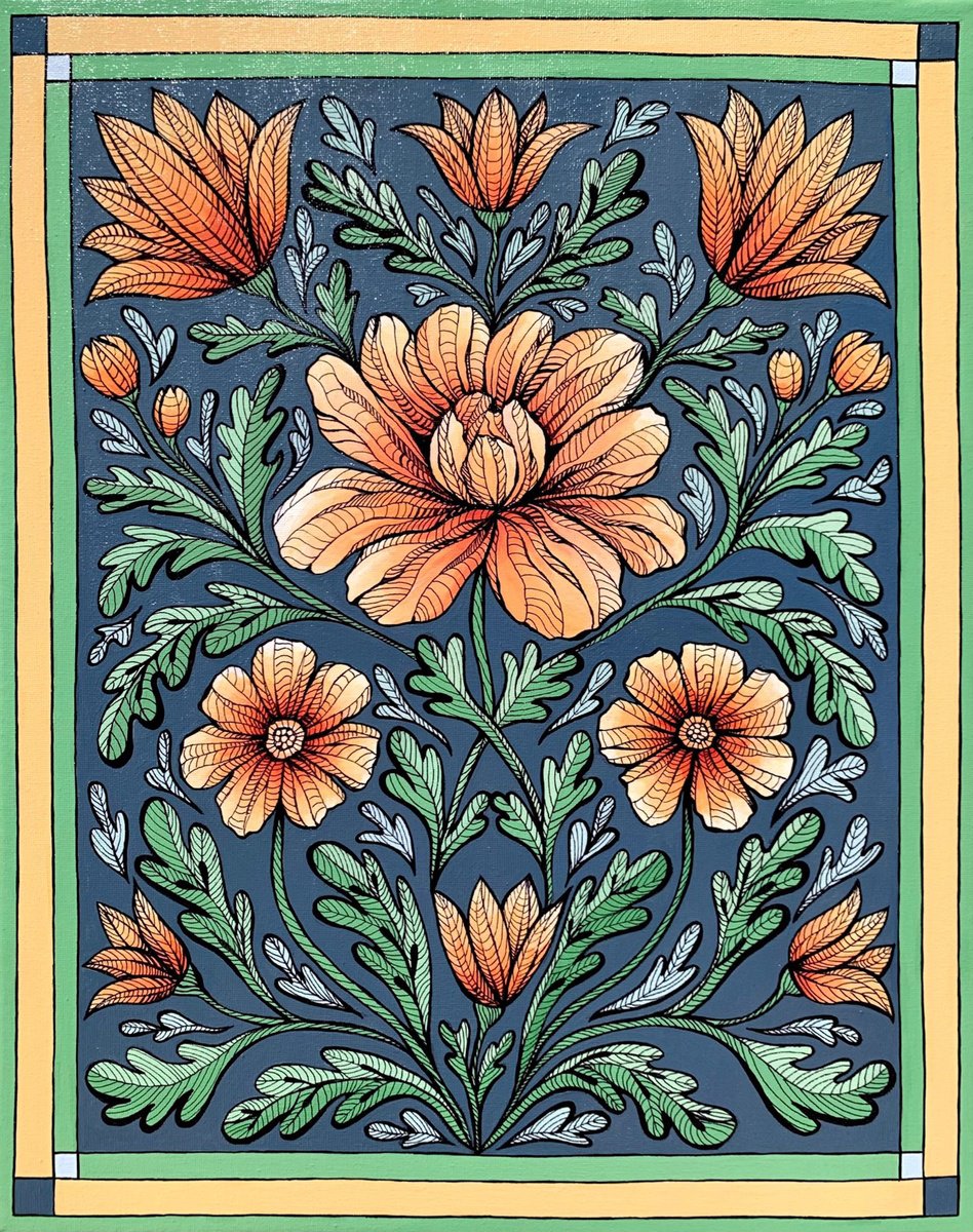 Illustrative Botanical Painting By Maria Tuzhilkina, 16 X 20", Orange Flowers On A Dark Blue, Original Artwork