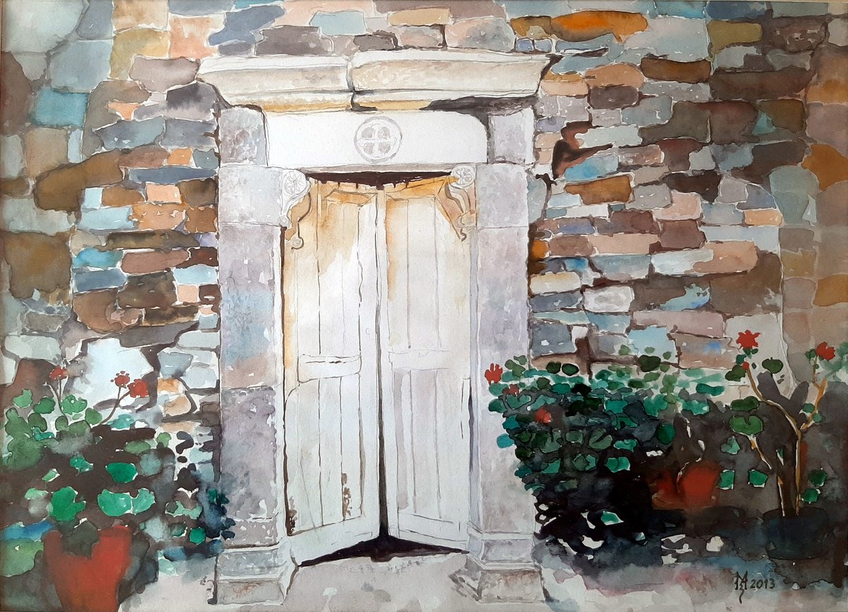 Impressionistic Cityscapes Watercolour By Zoran Mihajlovic Muza, 14 X 10", White Door, Original Artwork