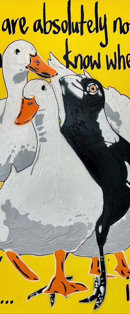 Ducks in a row Yellow Magpie 61cm x 61cm by DEBORAH LANG