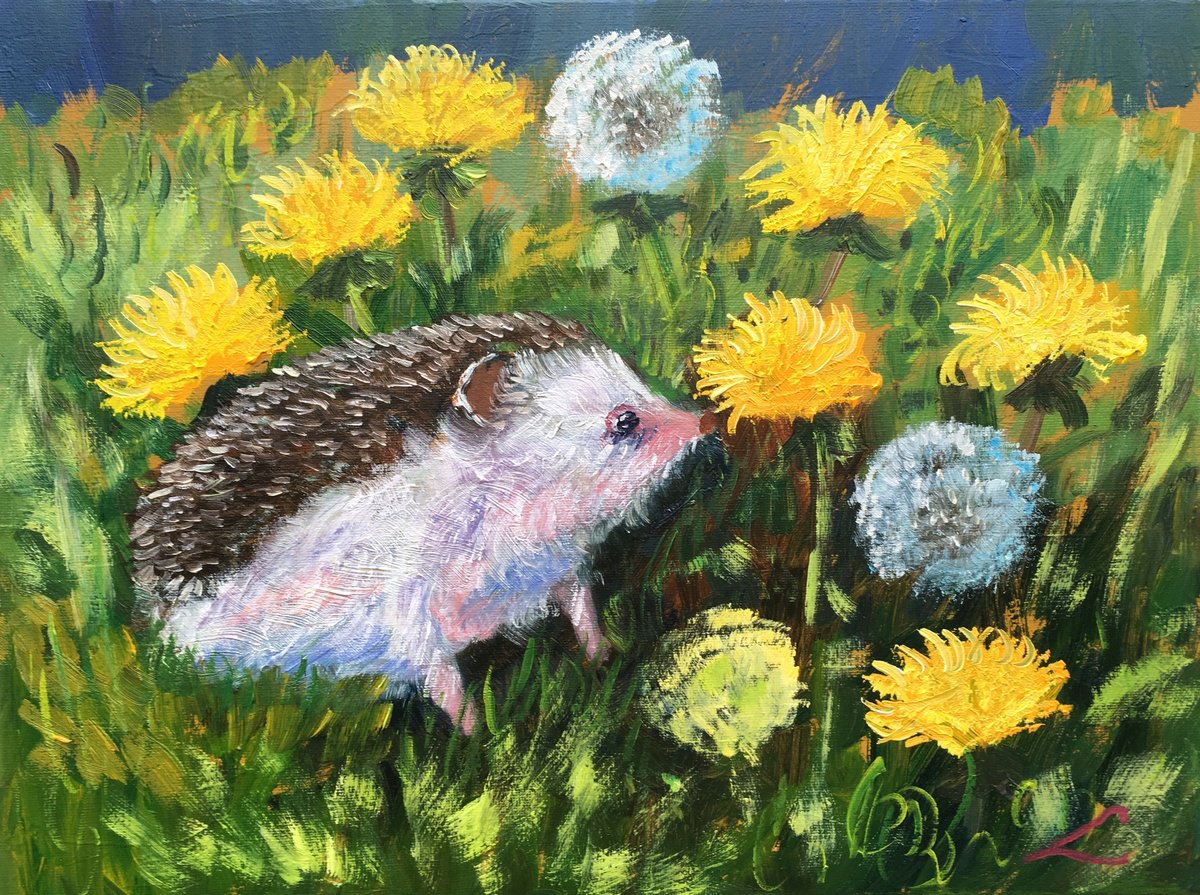 Impressionistic Animal Oil Painting By Elena Sokolova, 16 X 12, Hedgehog In Dandelions, Original Artwork