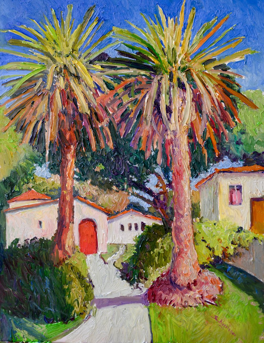 Expressive Landscape Oil Painting By Suren Nersisyan, 24 X 30", Two Palms And Houses, Original Artwork