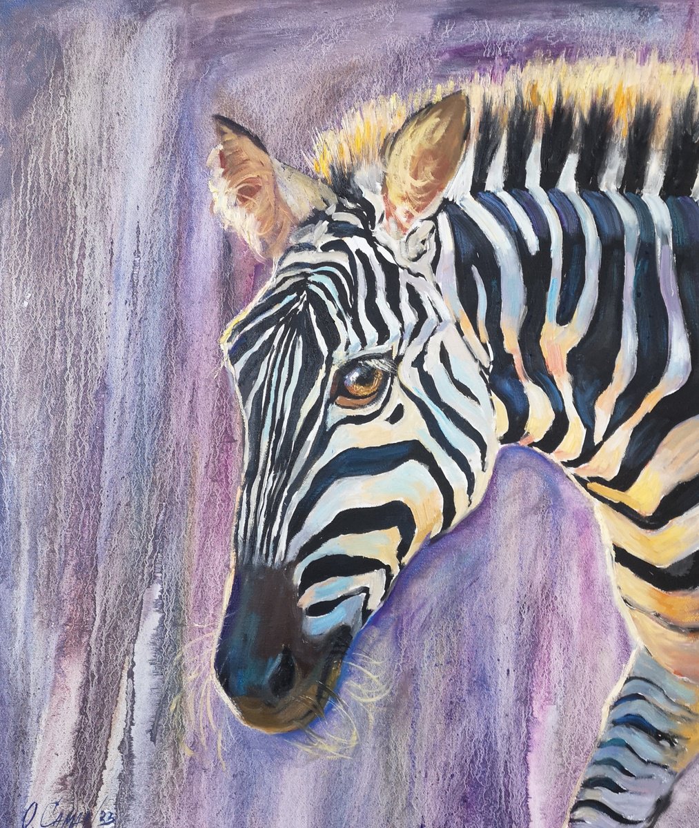 Impressionistic Animal Oil Painting By Olga Samar, 24 X 28", Evening Zebra, Original Artwork