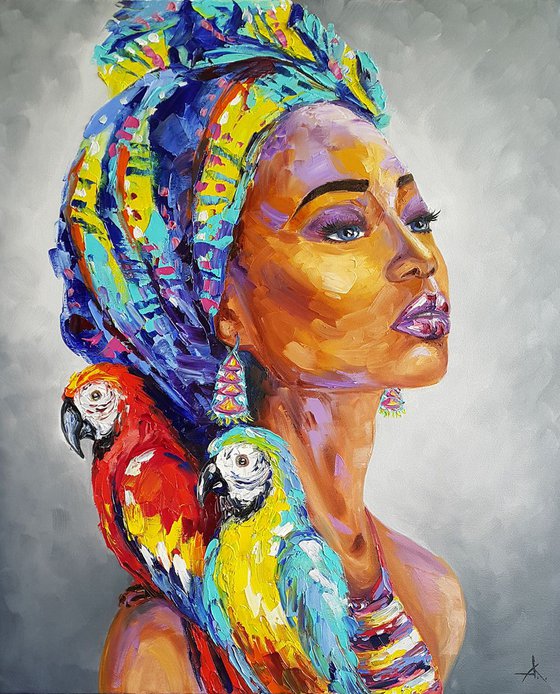 African woman - oil painting, Africa, african woman, woman oil painting, parrots, original oil painting