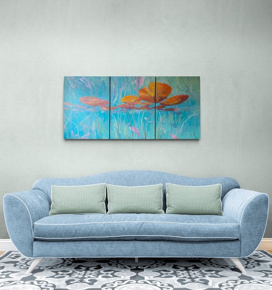 ‘Lilies Surfacing’ Triptych Oil Painting