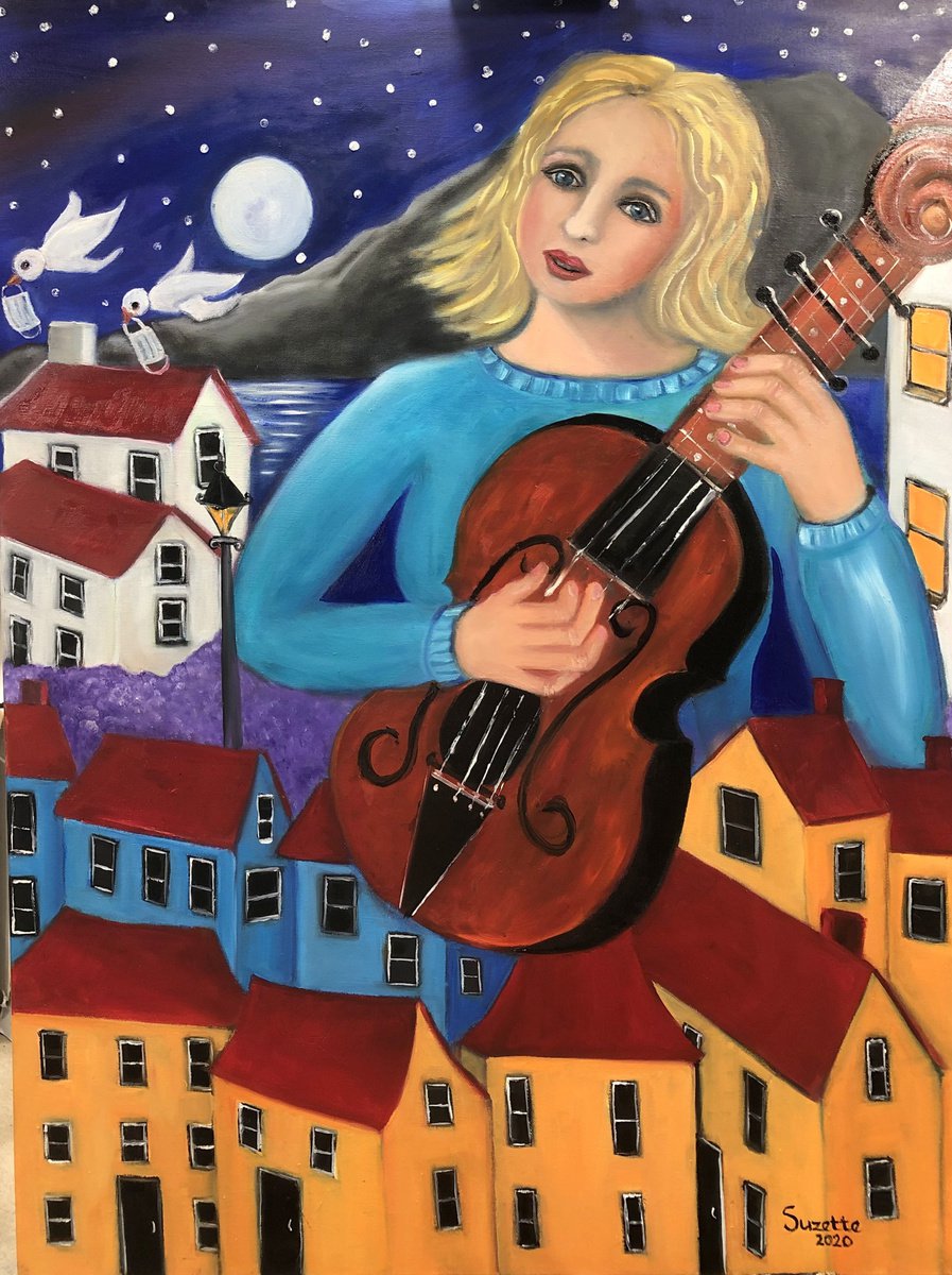 Naive Cityscapes Oil Painting By Suzette Datema, 30 X 39", After The Song, The Masks Were Gone, Original Artwork