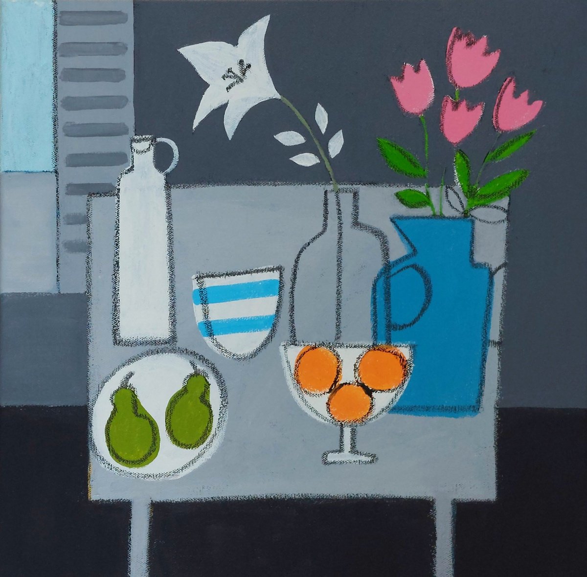 Abstract Still Life Acrylic Painting By Jan Rippingham, 16 X 16, Four Pink Tulips, Original Artwork