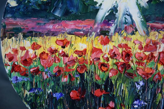 Poppy Painting, Landscape Round Oil Painting on Canvas, Red Field Original Wall Art