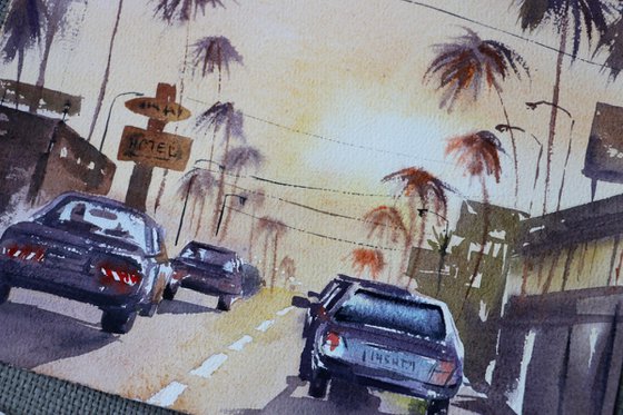 The road with cars in Los Angeles. Sunset. Original watercolor artwork.