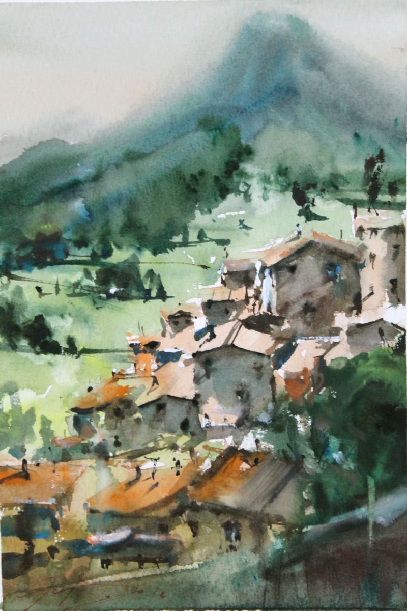 Impressionistic Landscape Watercolour By Maximo Damico, 7 X 10", Over The Village, Original Artwork