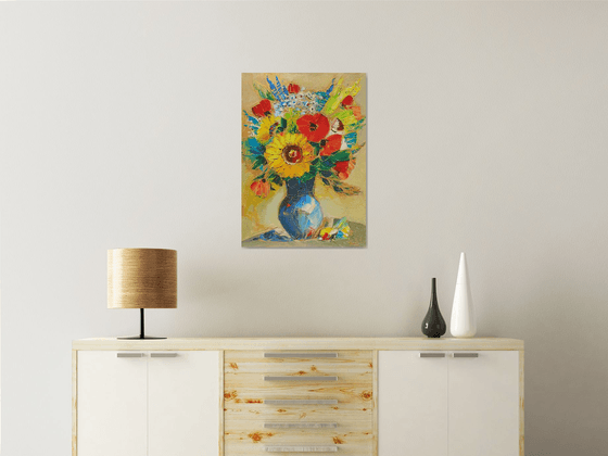 Field flowers in vase-2 (50x70cm, oil painting,  ready to hang)