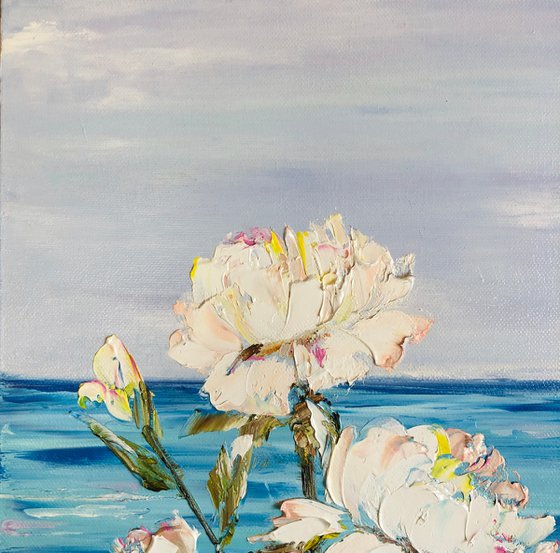 FLOWER MORNING - Seascape. White. Peonies. Tenderness. Shore. Blue art. Ocean view. Horizon. Romantic. Mood.