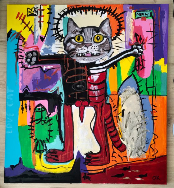 Red Cat Troy King, (102 x 91cm, 40 x 36 inches ) version of painting by Jean-Michel Basquiat  Untitled GLOW IN THE  DARK