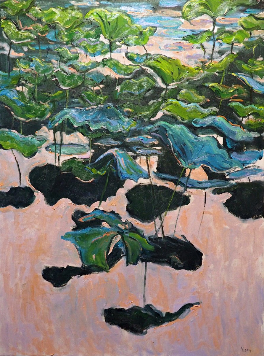 Impressionistic Landscape Oil Painting By Yuanyuan Liu, 24 X 31", Lotus Leaves, Original Artwork