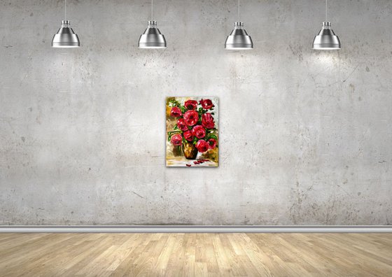 BOUQUET OF RED ROSES  palette knife modern red pink still life  flowers Dutch style office home decor gift