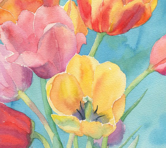 Ukrainian watercolour. Tulips and turquoise