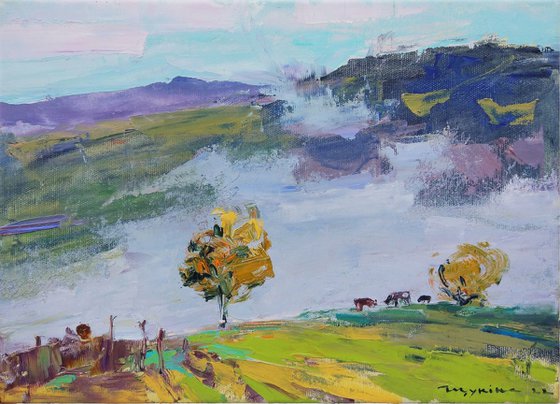 In the mountains | Sunny meadow and morning mist | Cows | Moments of autumn | Original oil painting
