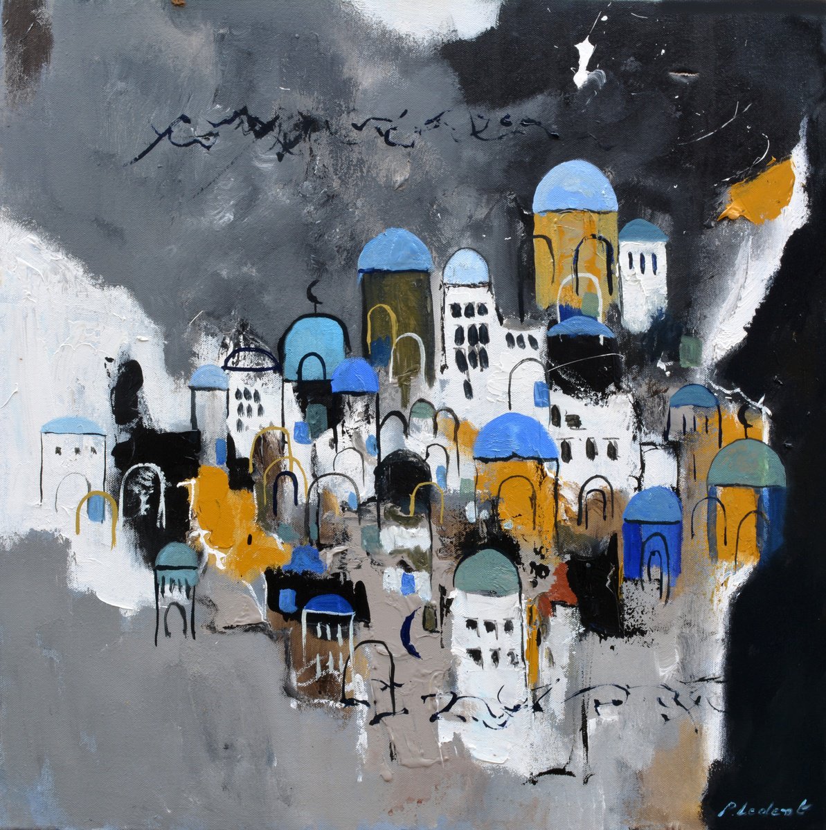 Abstract Oil Painting By Pol Henry Ledent, 28 X 28", City Of The East, Original Artwork