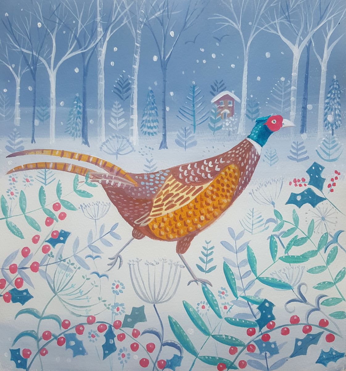 Illustrative Animal Acrylic Painting By Mary Stubberfield, 11 X 12", Winter Pheasant, Original Artwork