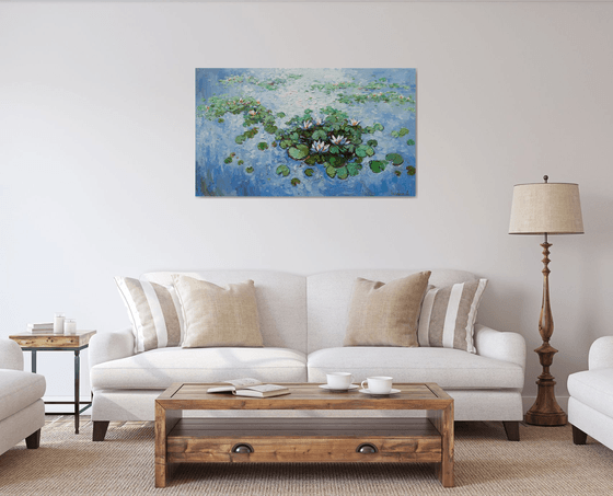 White Water Lilies - Large Original Oil painting 120 x 70 cm