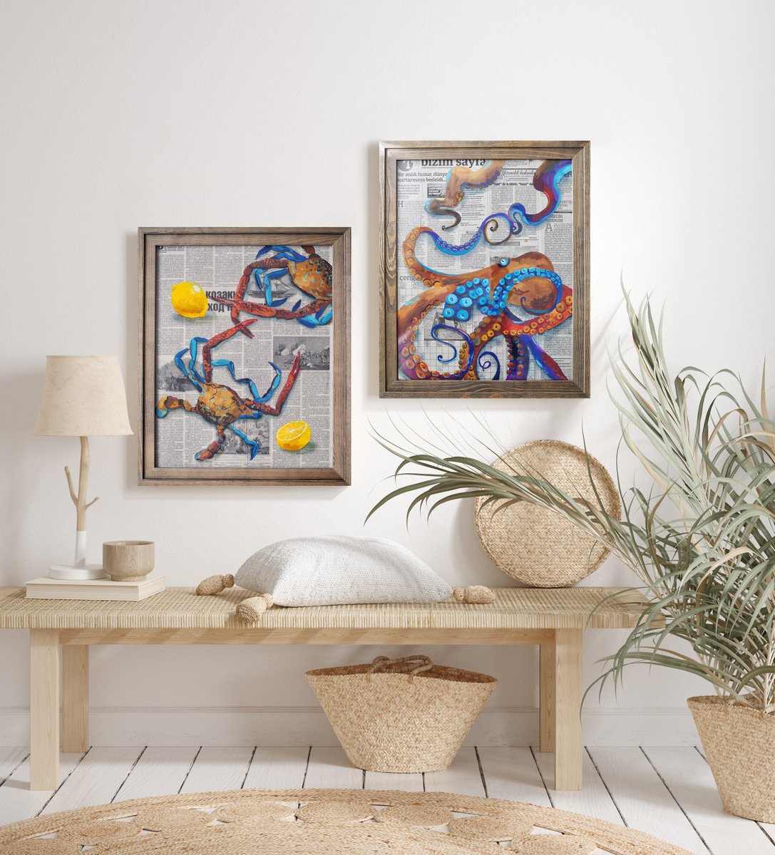 Seafood diptych - Crabs and octopus on newspaper. Framed and ready to hang by Delnara El