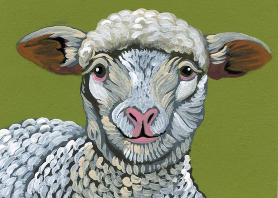 ACEO ATC Original Miniature Painting Lamb Farmyard Art-Carla Smale