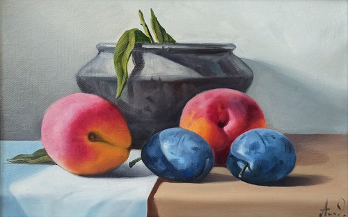 Still life with peach and plums (20x30cm, oil painting, ready to hang) by Tamar Nazaryan
