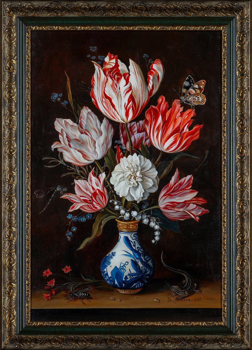 Photorealistic Still Life Oil Painting By Anna Silabrama, 20 X 28, Still Life Of Tulips In Vase, Original Artwork