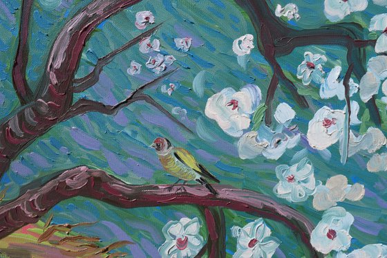 Almond blossom and goldfinches in the Andalucian mountains